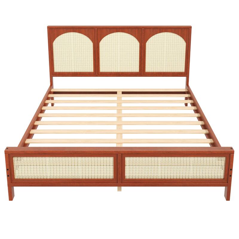 Rattan Low Profile Bed Wood Platform Bed Frame with Rattan Headboard and Footboard, Wood Slat Support, No Box Spring Needed
