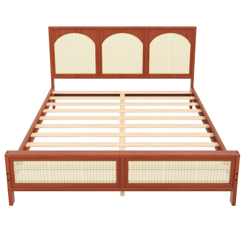 Wood Platform Bed Frame with Rattan Decorations Headboard & Footboard, Slat Support System, No Box Spring Needed, Easy Assembly