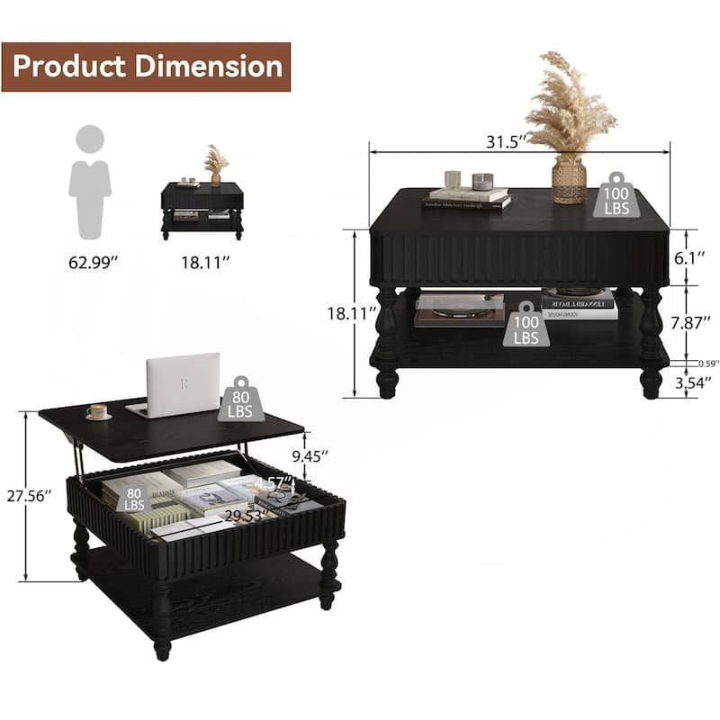 31.5 Inch Square Fluted Lift-Top Coffee Table with Hidden & Open Storage - Black