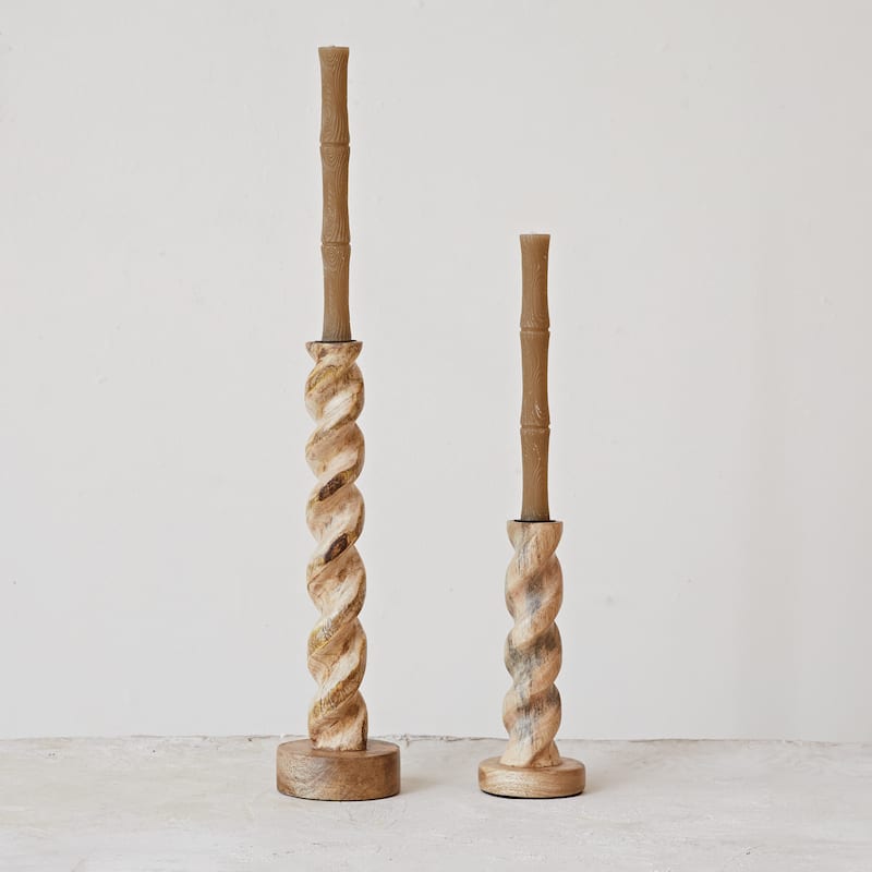 Hand-Carved Mango Wood Twisted Taper Candle Holder - 14"H