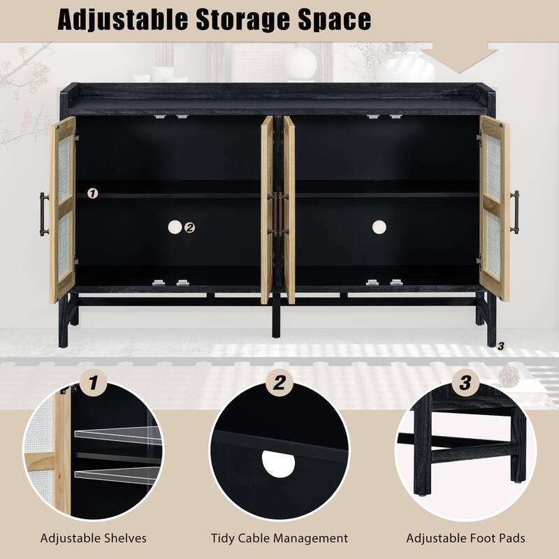 Rattan Sideboard Buffet Storage Cabinet Console Table, Black+Natural