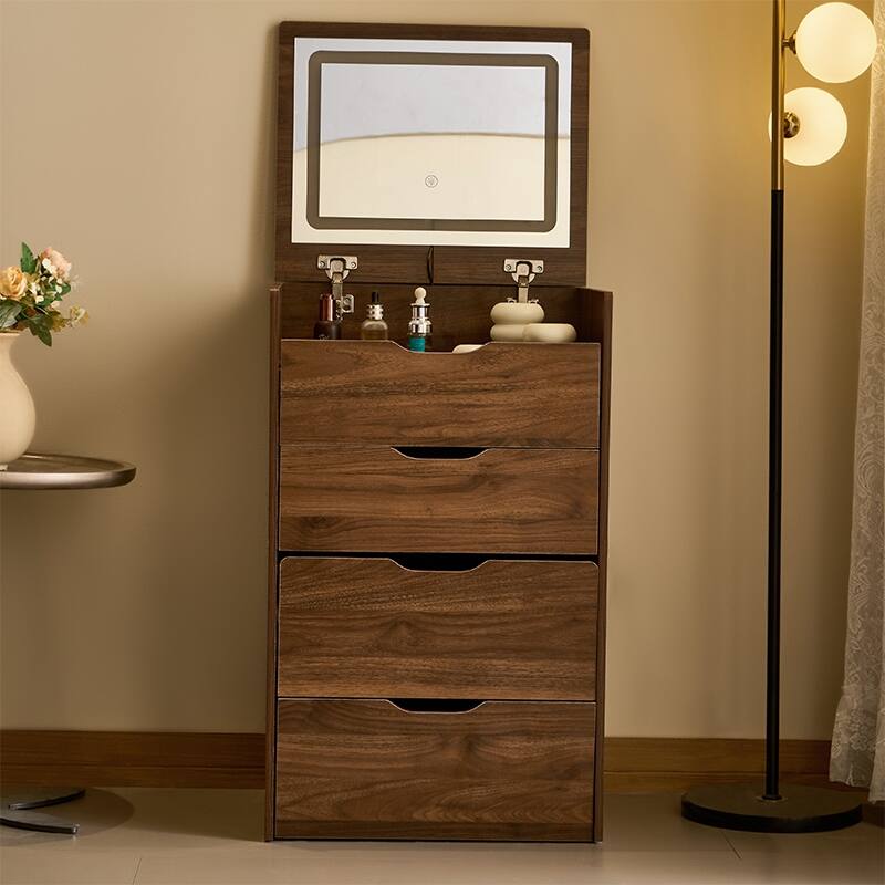 3 in 1 Vanity Desk with Plip-up Mirror & Lights, Glass Top Small Makeup Vanity, Makeup Desk with 3 Drawers & Storage Bench
