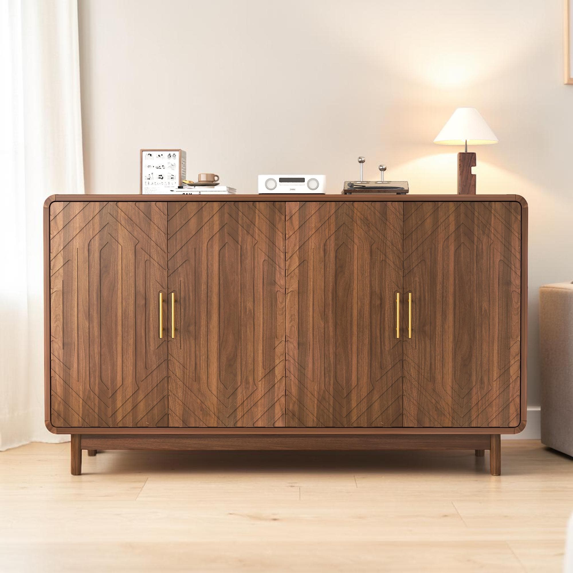 55-Inch Modern Sideboard Cabinet with 4 Doors, Storage Buffet Credenza with Adjustable Shelves, Wood Accent Cabinet