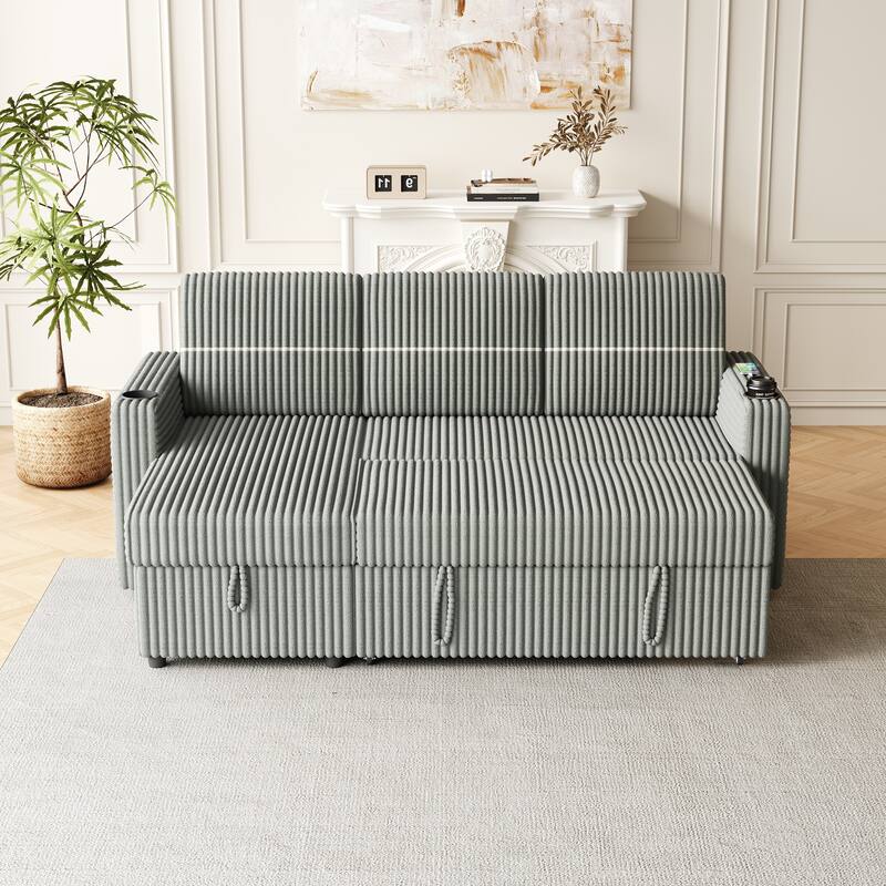 3-Seater Sleeper Sofa Bed with Corduroy Fabric, Storage Chaise, USB Charger, and Cup Holders
