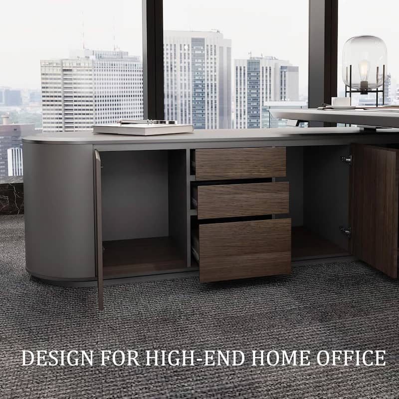 Reversible L-Shaped Adjustable Height Executive Standing Desk with Oval Storage Cabinet