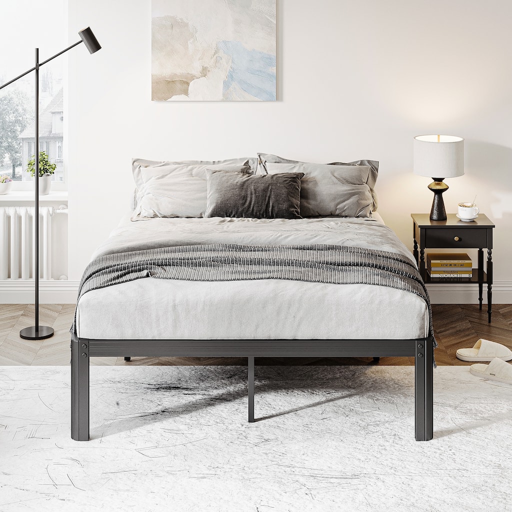 14-inch industrial-style black metal bed frame,Box Spring No Needed