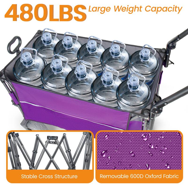 Multi-Functional Push-Pull Folding Wagon Cart with Rotating Handle & Canopy, 9"x4" Beach Tires, 300L Large Capacity