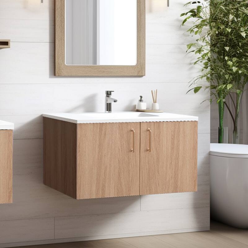 Prismella 24" 30" Wall-Mount Bathroom Vanity in Oak with Top