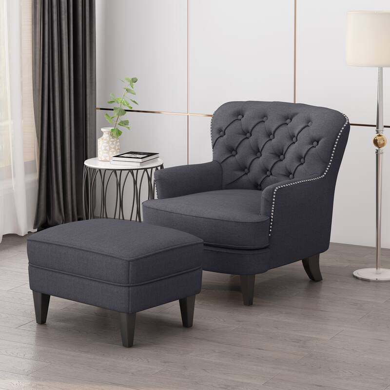 Roomfitters Tufted Accent Chair with Ottoman Set, Nailhead Trim Upholstered Lounge Chair with Wood Legs for Living Room, Gray