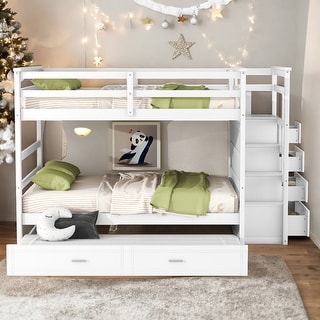 Modern Full over Full Multifunctional Bunk Bed With Trundle And Staircase,Storage Drawers,Solid Construction