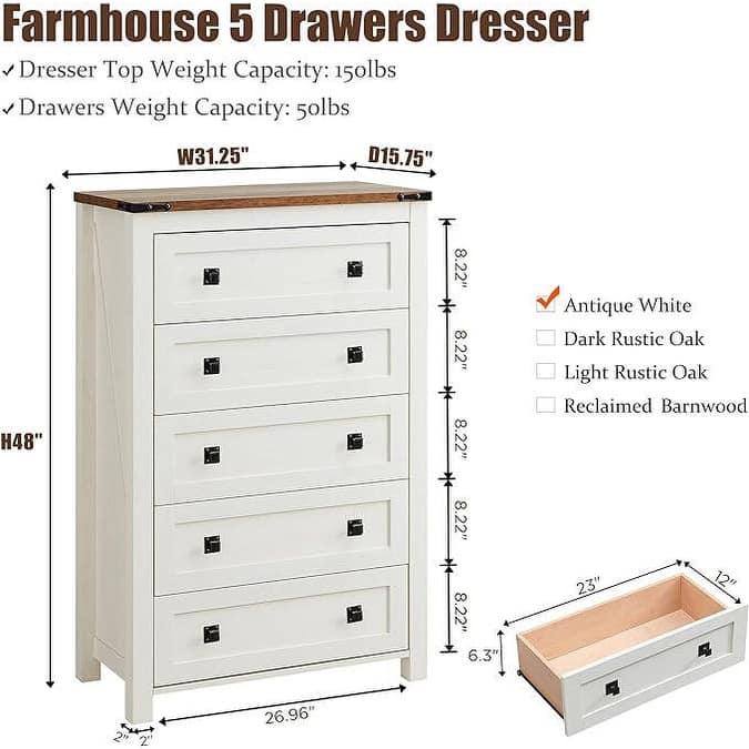 48" Tall Farmhouse 5 Drawer Wood Dresser, Chest of Drawers for Bedroom