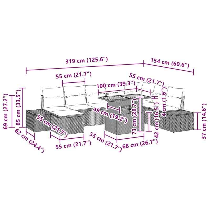 vidaXL 9 Garden Sofa Set with Cushions Black/Grey Poly Rattan - 125.6 x 60.6 x 27.2