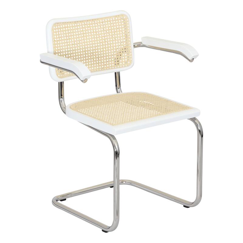 Breuer Chair Company Marcel Breuer Cesca Cane Cantilever Armchair Arm Chair w/ Chrome Steel Frame (Various Wood & Cane Colors) - White & Natural