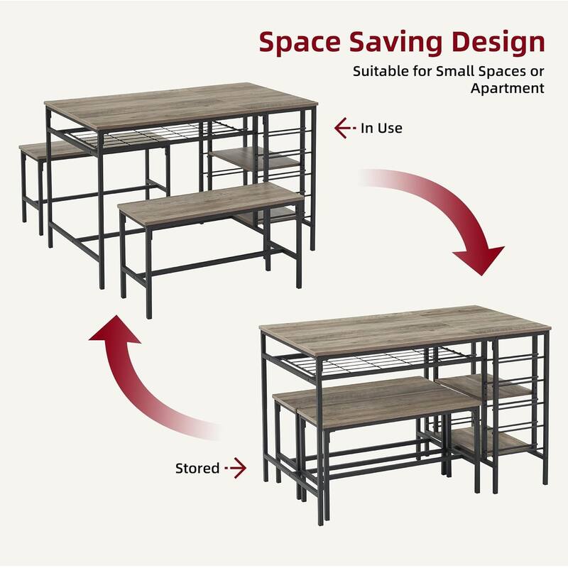 Dining Table Set with 2 Benches and Storage Shelf, Rectangular Table for Small Dining Area or Apartment
