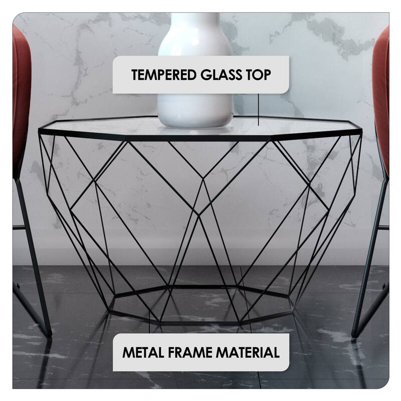 Malibu 22" Modern Octagon Center Coffee Table with Tempered Glass Table top & Sturdy Metal Geometric Base for Living Room Office