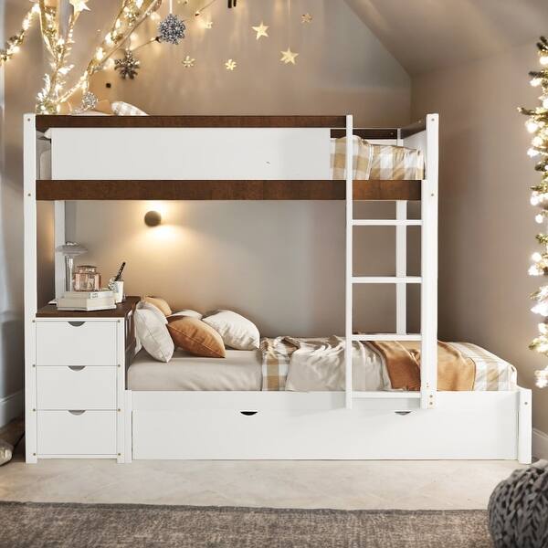 slide 2 of 18, Full-over-Full Bunk Bed with Twin size Trundle,Storage and Desk,Space-Efficient Multifunctional Loft Bunk Bed with Storage White+Walnut