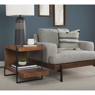 Maddox Medium Brown Solid Wood w/ Black Metal Frame C-Shaped End/Side Table