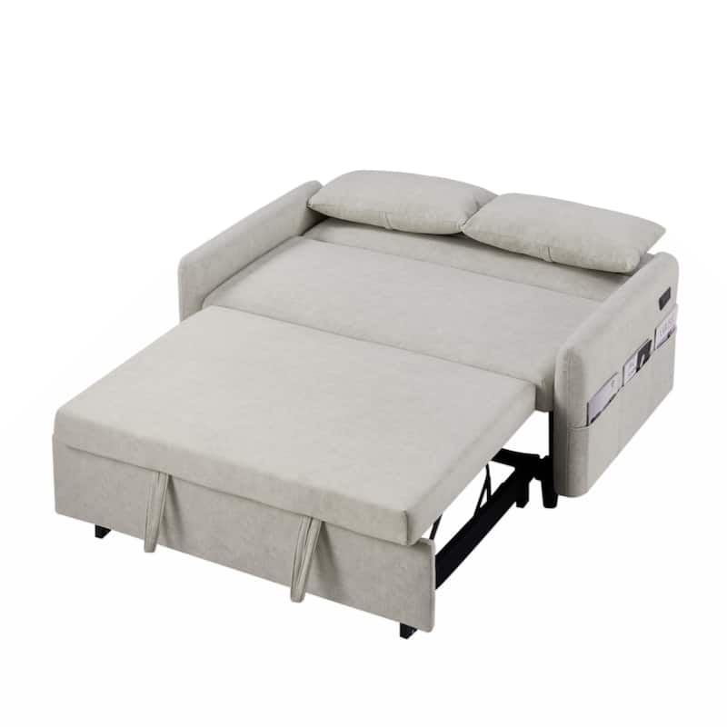 55.1" Pull Out Sleep Sofa Bed Loveseats Sofa Couch with Adjsutable Backrest,Storage Pockets,2 Soft Pillows,USB Ports,Beige