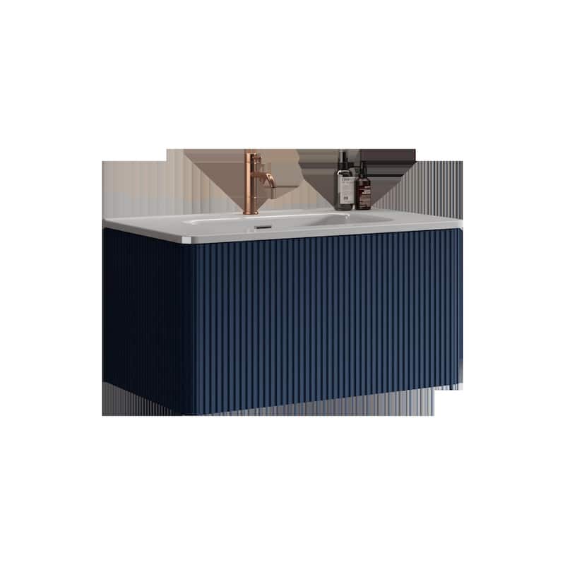 30" Striped Bathroom Vanity with White Ceramic Sink, Wall Mounted Floating Vanity