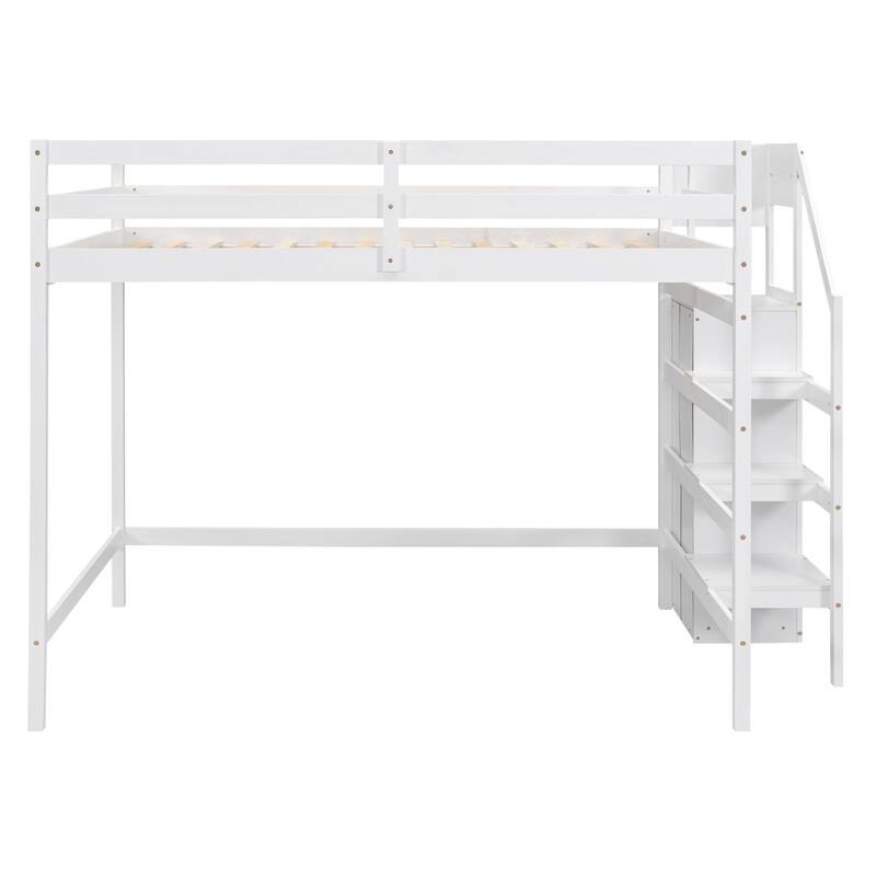 Full Size Pine Loft Bed with Storage Wardrobe & Multi-Functional Staircase (350lb Capacity)
