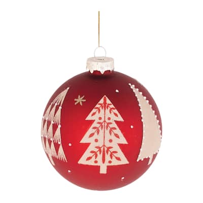 Pine Tree Beaded Christmas Ball Ornaments - 4" - Red and Beige - 6ct