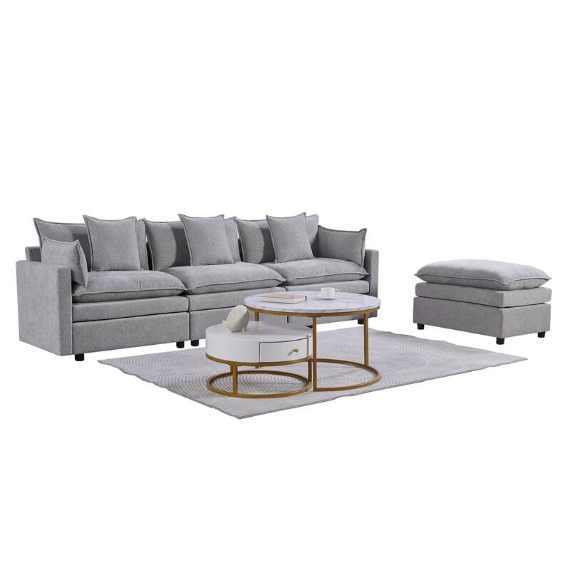 Spacious L-Shaped Chenille Couch with Ottoman Bench, 3-Seater Sleeper Sofa for Living Room