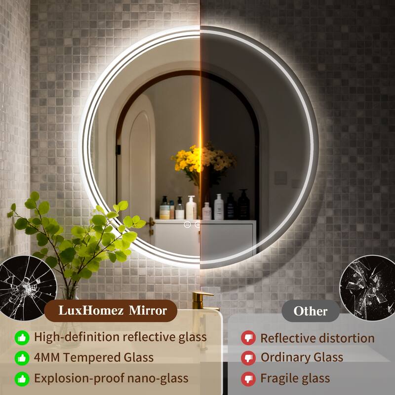 UL Certified Round Frameless Wall Mounted Anti Fog LED Bathroom Vanity Mirror, 3-Color Dimmable, HD Tempered Glass