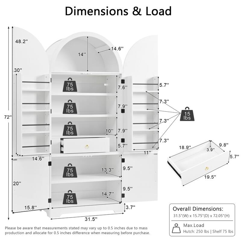 72" Arched Pantry Cabinet with 8 Shelves, Hidden Drawer for Kitchen, Dining & Bathroom