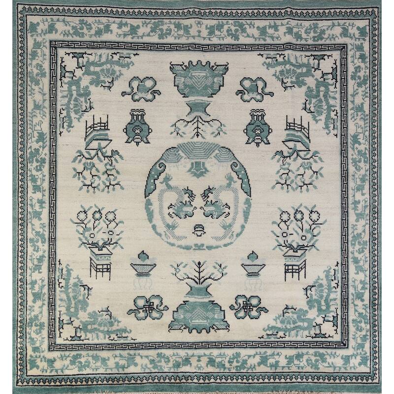Hand Knotted Oriental 100% Wool Carpet Traditional Geometric Beige & Ivories Art Deco Area Rug - 7' 10'' X 7' 11''
