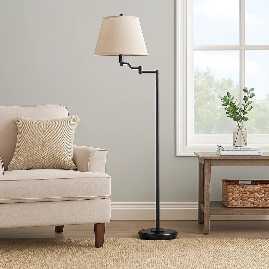 3 Way Metal Body Floor Lamp with Swing Arm and Conical Fabric Shade, Black
