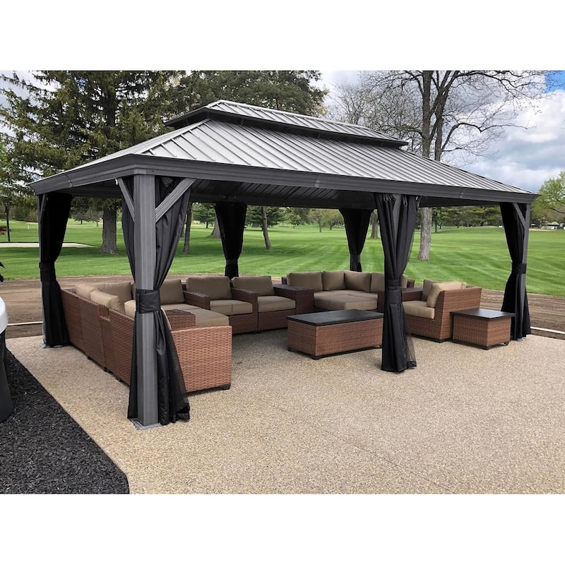 PURPLE LEAF Patio Gazebo for Backyard Hardtop Galvanized Steel Frame with Upgrade Curtain and Light - Light Grey