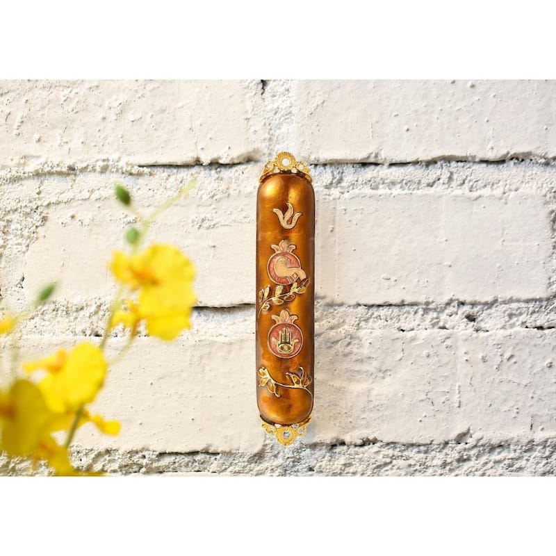Hand Painted Enamel Mezuzah Embellished with a Dove and Hamsa Design with Gold Accents and High Quality Crystals by Matashi