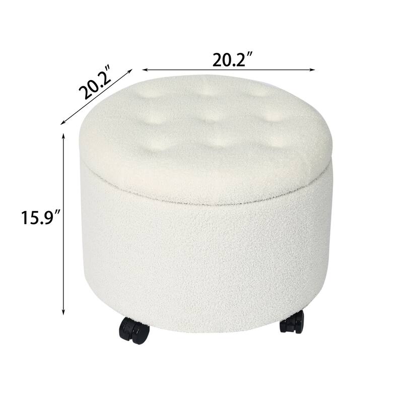 Adeco 20" Wide Button Tufted Round Storage Ottoman with Casters