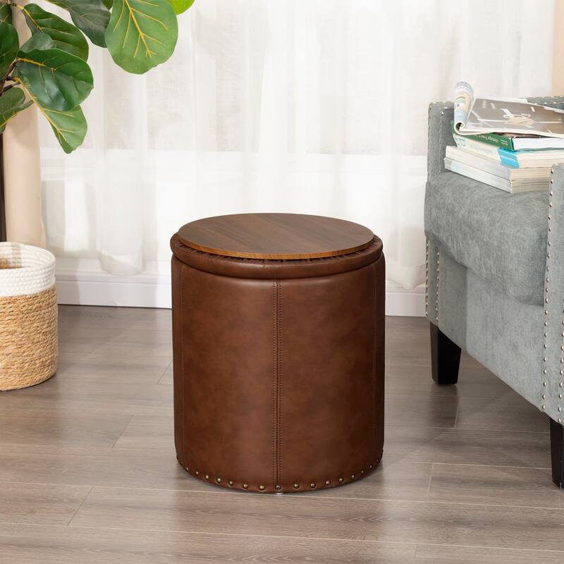 Adeco Round Faux Leather Storage Ottoman with Nailhead Trim - Brown