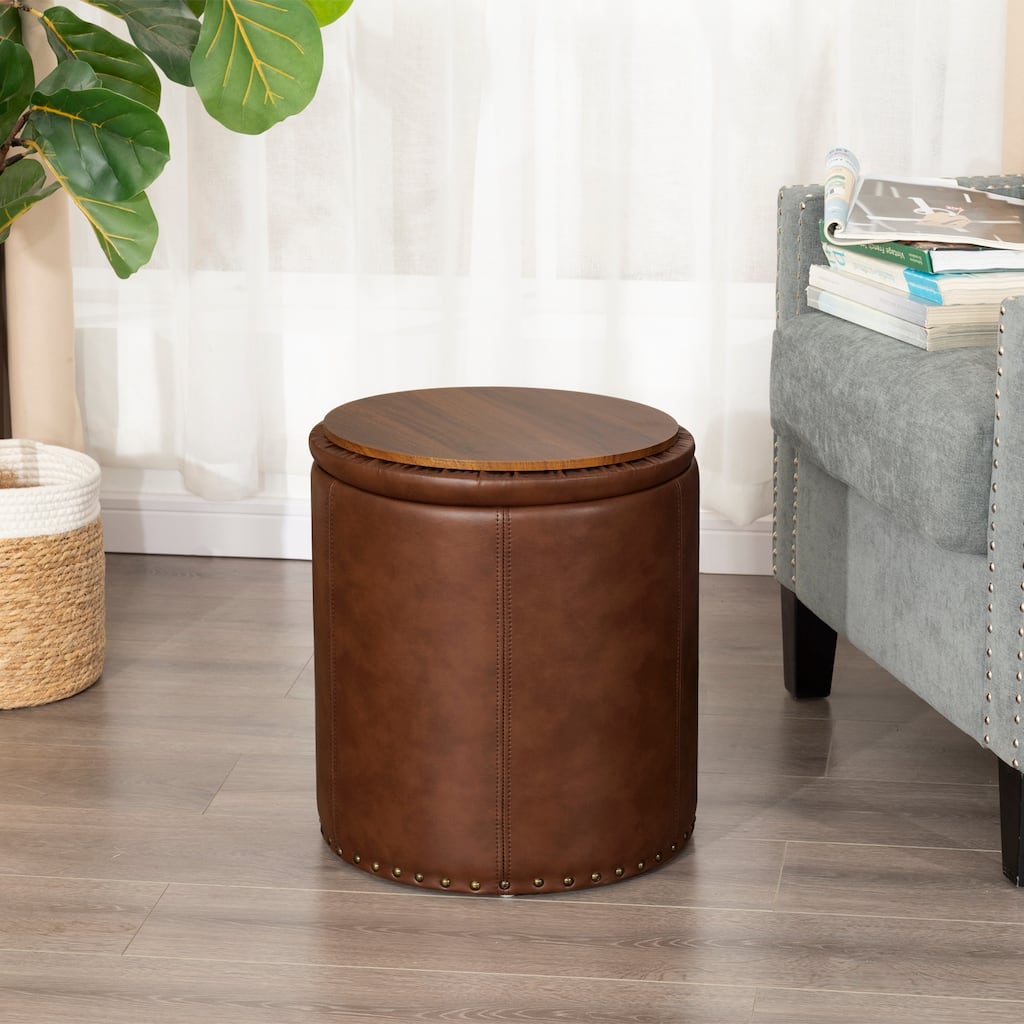 Adeco Round Faux Leather Storage Ottoman with Nailhead Trim