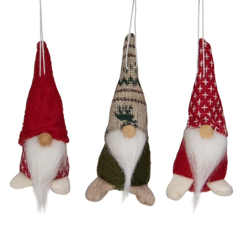 Set of 3 Red and Green Santa Gnome Christmas Ornament 4.25"