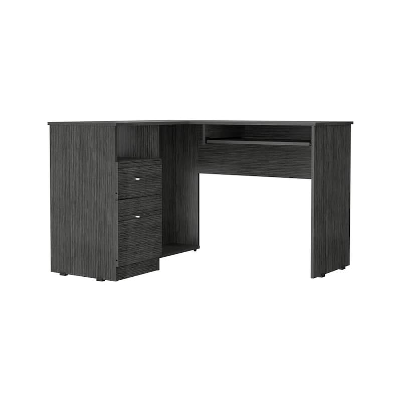 Modern L-Shaped Desk with Retractable Keyboard Tray, Sleek Metal Handles, and Sturdy Particle Board Design for Office Use