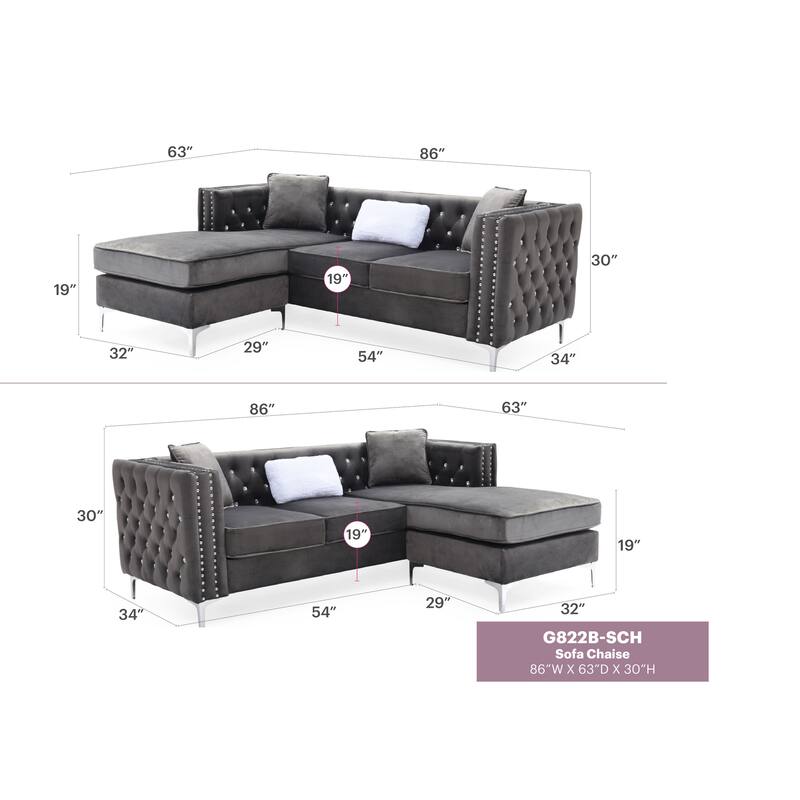 Paige 87 in. Velvet L-Shape 3-Seater Sofa with 2-Throw Pillow - 87"L x 64"W x 30"H