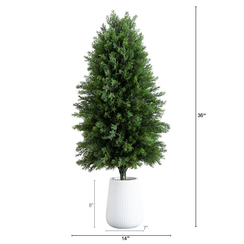 Cedar Artificial Tree with White Grooved Planter - 3'