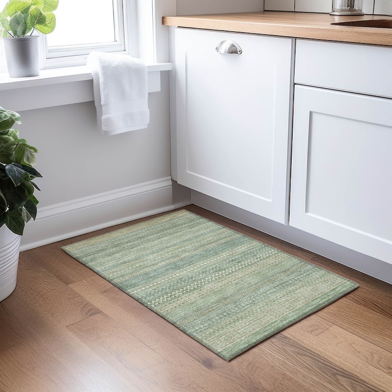 Machine Washable Indoor/ Outdoor Moroccan Stripes Chantille Rug - Aloe - 1'8" x 2'6"