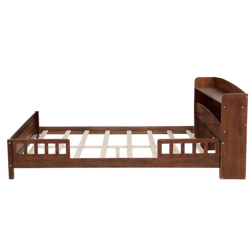 Full Size Pine Bed w/ Bookcase Headboard ,LED Sensor Light, Guardrails
