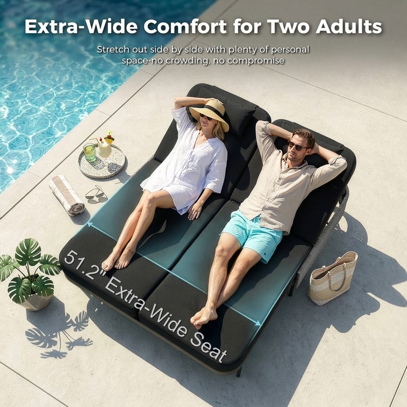 Outdoor Sectional Conversation Set PE Wicker with Double Chaise Lounge, 60,000 BTU Fire Pit Table