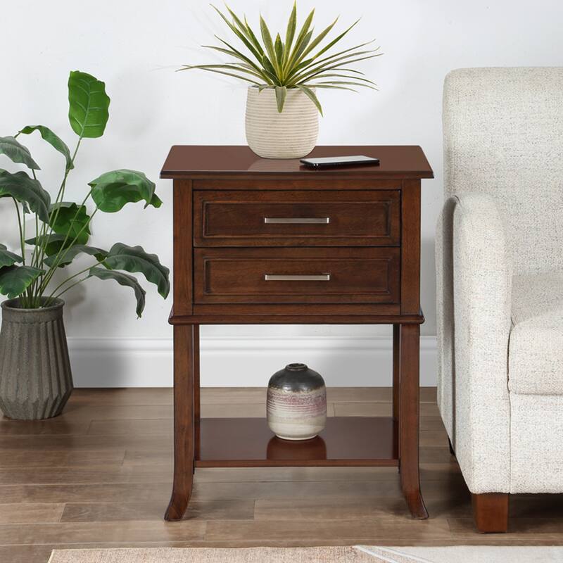 2 Drawer End Table with Shelf Transitional Storage Nightstand Solid Wood Legs Flared Base Beveled Edge Accent Table - 22