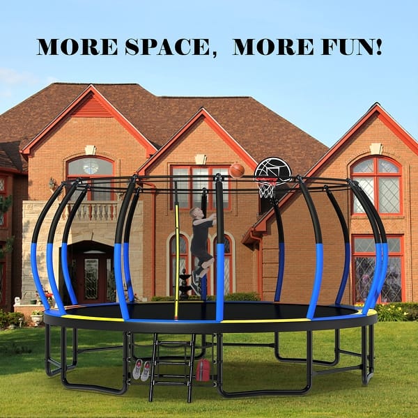 slide 2 of 13, 16 ft. Blue Round Outdoor Trampoline with Enclosure Net Kids - 192" x 192"