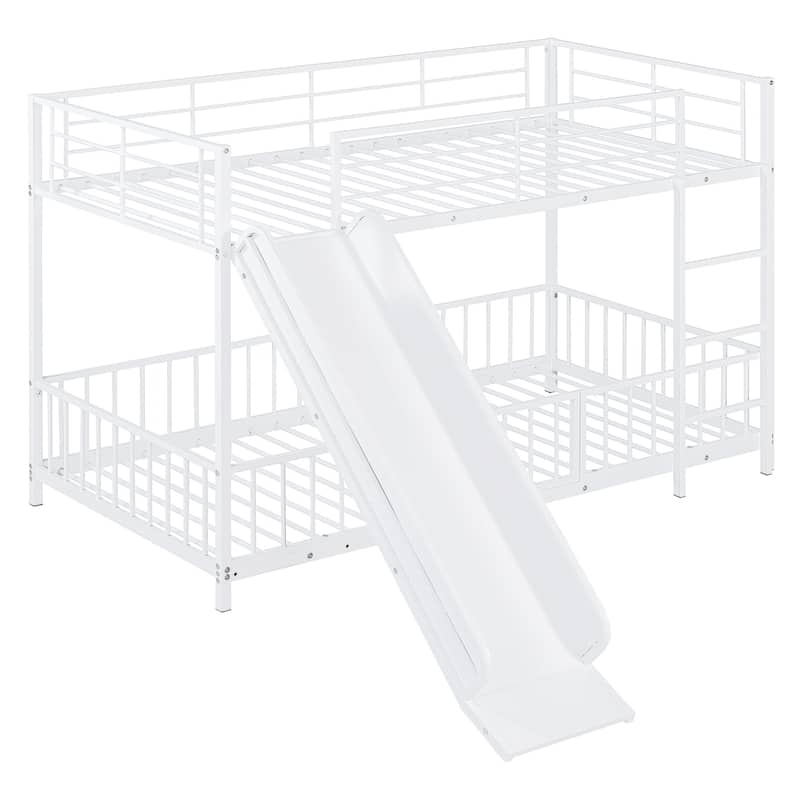 Twin over Twin Metal Bunk Bed with Slide, Guardrails & Convertible Loft Design - White