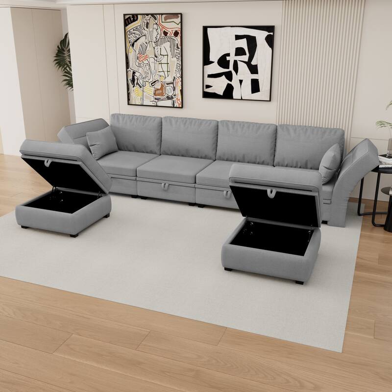 6-Seat U-Shaped Modular Reversible Sectional Sofa with Storage Ottoman
