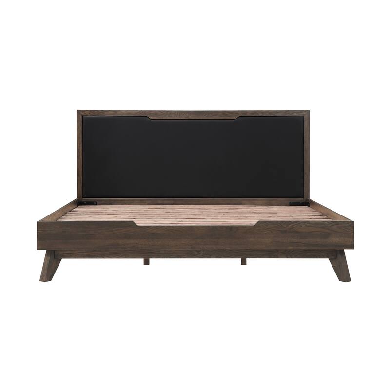 King Size Platform Bed Frame Oak Wood & Faux Leather Headboard Modern Bed