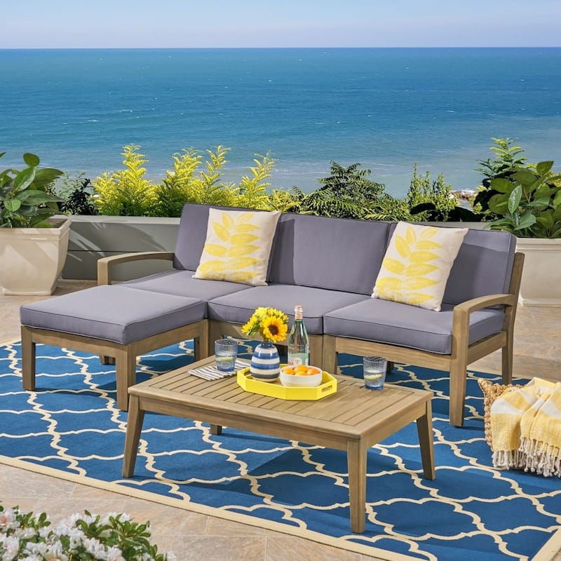 Modern Outdoor L-shape Sectional Sofa Set with Coffee Table and Adjustable Removable Cushion for Patio - Grey
