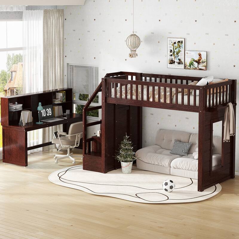 Twin Size loft bed with movable desk and storage shelf, featuring storage stairs