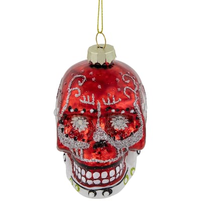 3.5" Red Day of the Dead Skull Glass Christmas Ornament